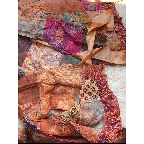 STEVIE PATCHWORK BELL Super Bell Sleeve Eco Cotton Boho Hippie Crop Wrap Top xs - Picture 2 of 3